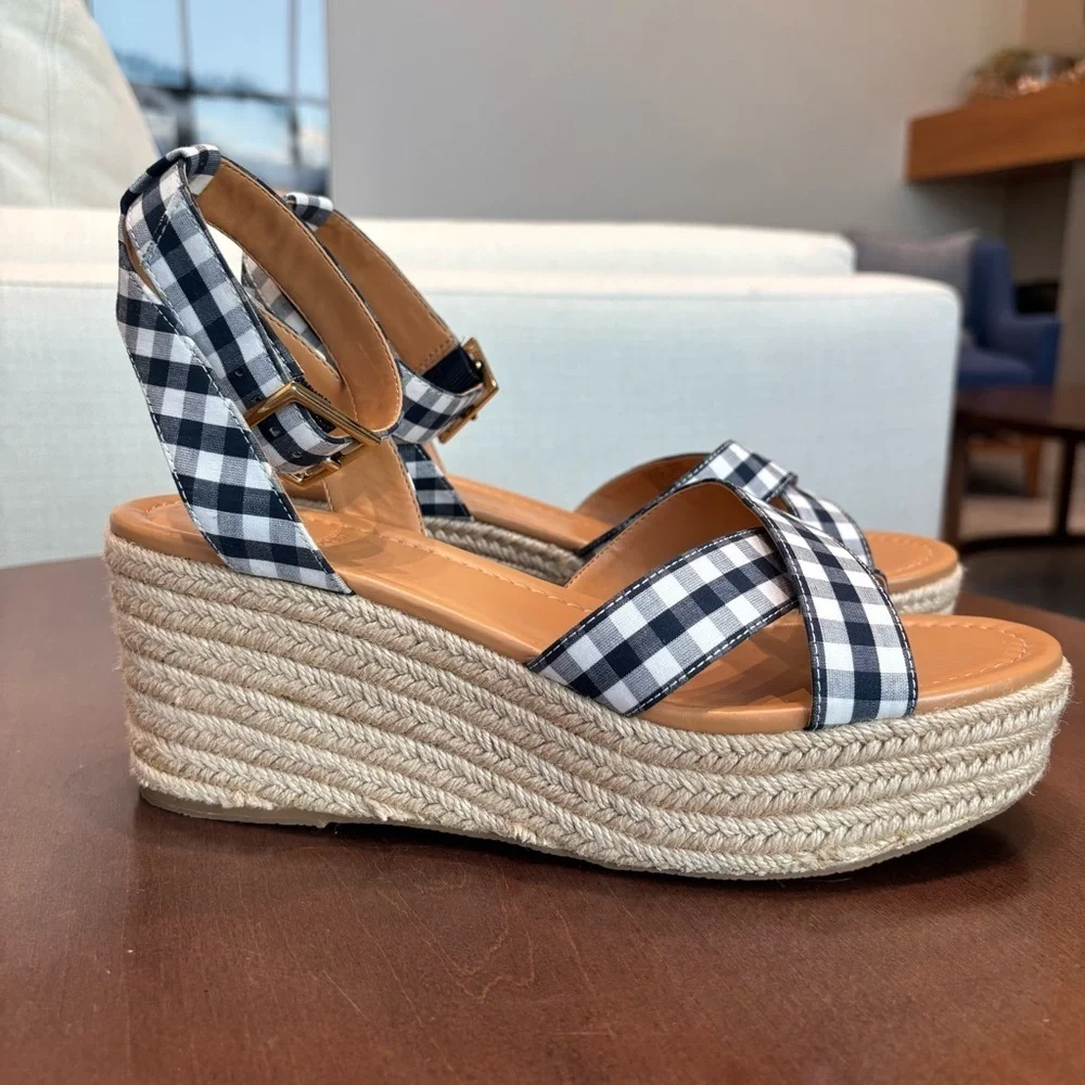 NWOT J. Crew Gingham flatform espadrilles Wedges, Size 8